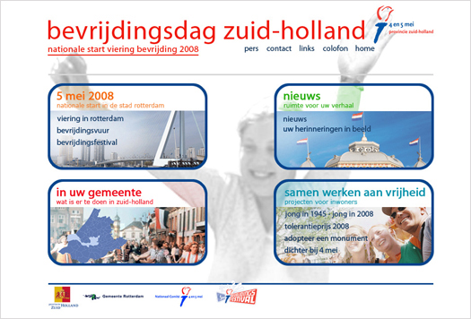 PROVINCIE UTRECHT - BEVRIJDINGSDAG<br>
De provincie Zuid-Holland heeft voor de Nationale Start Viering Bevrijding 2008 de site overgenomen die Cornelie Wiarda ontwikkelde voor de provincie Utrecht waar de viering in 2007 een officieel tintje kreeg. Zij was verantwoordelijk voor al het reilen en zeilen met betrekking tot de site en de content. Op de site was alles te vinden over het vieren van de bevrijding, het bevrijdingsfestival in Rotterdam,  wat er in iedere gemeente georganiseerd werd en over de projecten voor jongeren.