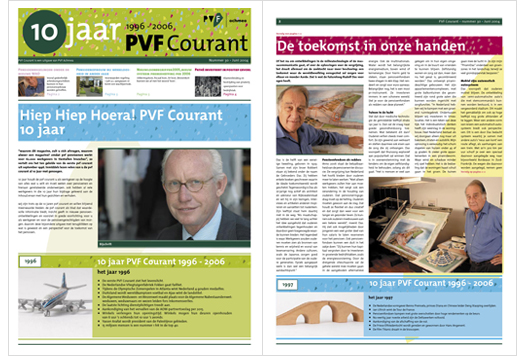 PVF ACHMEA - PENSIOENFONDSEN EN DE PVFCOURANT<br>
              
Bij de invoering van de  nieuwe pensioenwet in 2006 heeft Cornelie Wiarda veel werk verzet diverse bedrijfstakpensioenfondsen zoals voor Metalektro, Beton, Koek, Snoep, Vervoer  en ga zo maar door.  Zij schreef toegankelijke brochures en teksten over de nieuwe wet en de consequenties voor het pensioen en de opbouw ervan. Ook was zij communicatieadviseur en tekstschrijver bij het verkrijgen van het kwaliteitskeurmerk SAS 70 in 2005 en schreef zij in de jaren 2001-2006 voor de PVF-Courant, een krant voor werkgevers over pensioenen en alles wat daarbij komt kijken. Dit jubileumnummer bleek het laatste te zijn dat gepubliceerd zou worden.